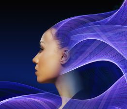 An African-American woman with blue digital wavey hair