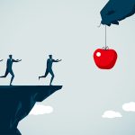 Image of three men running towards a dangling apple, unaware that the cliff ends